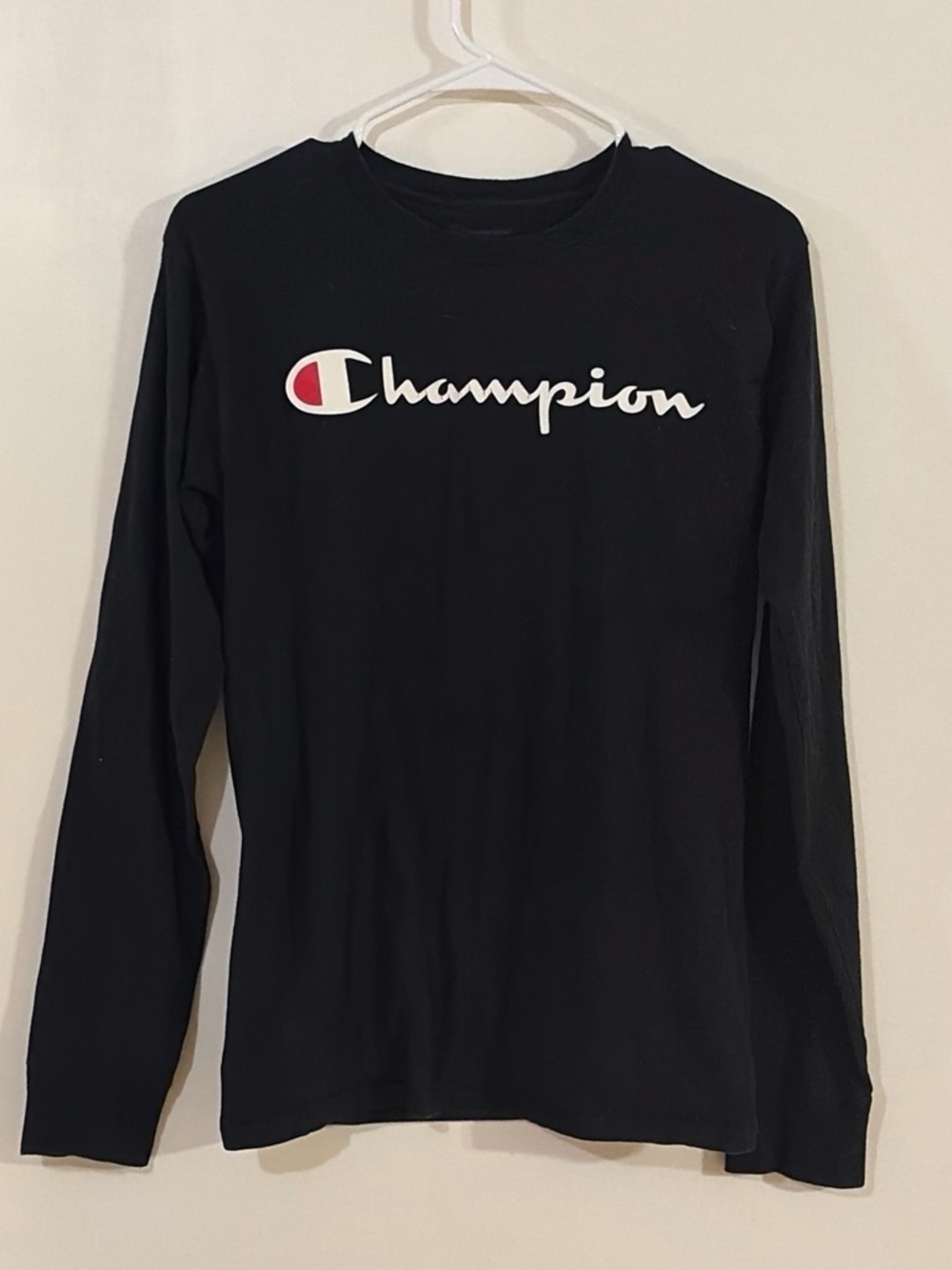 Champion Black Long Sleeve Shirt with White Script and Red Accent